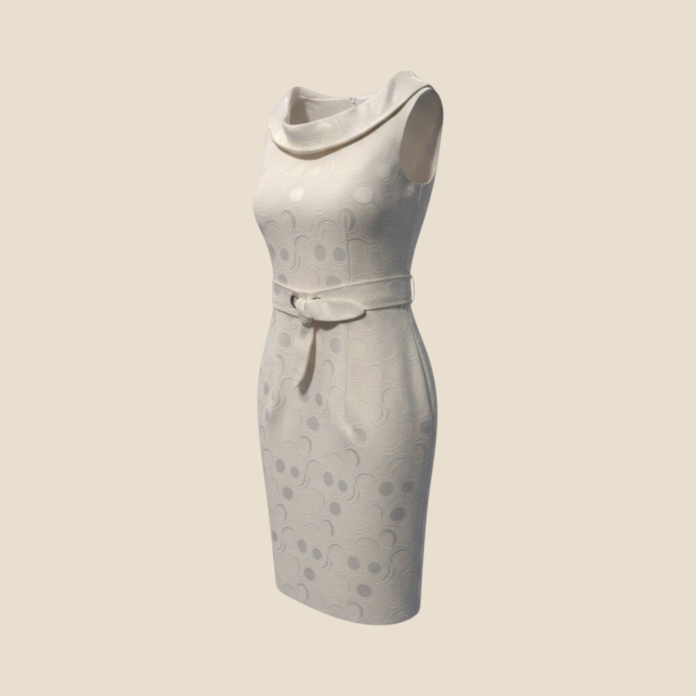 R&K Originals Womens Size 8 Off White Jacquard Cowl Neck Belted‎ Sheath Dress